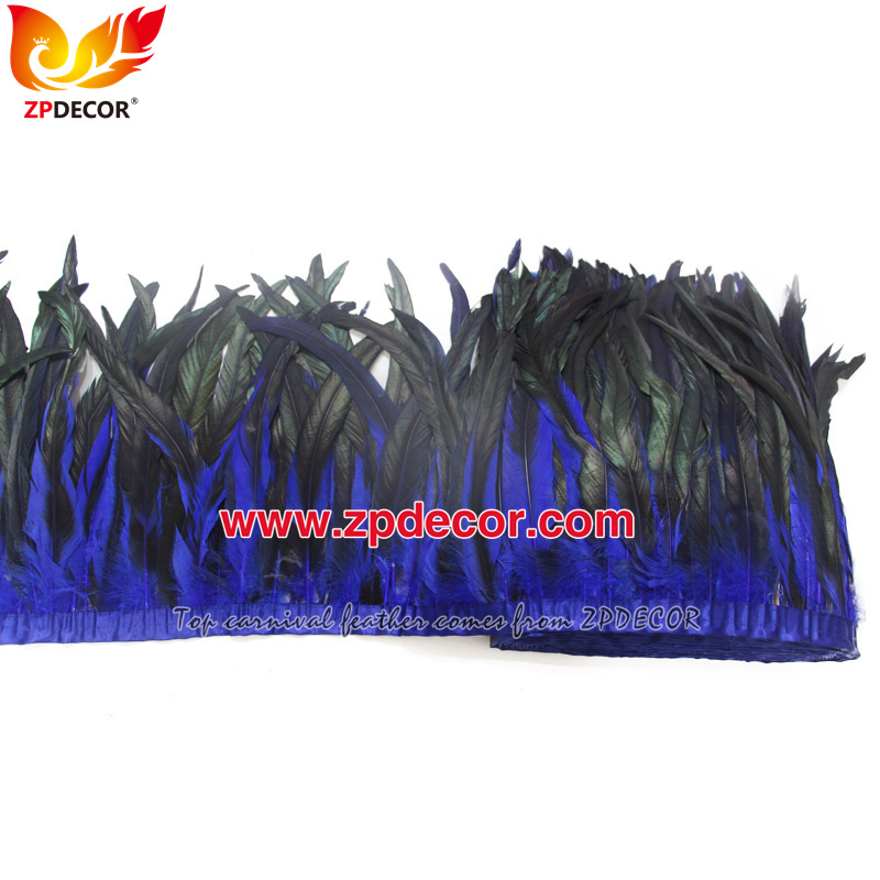 Zpdecor Feathers Factory Wholesale 30-35cm Dyed Royal Blue Rooster Coque Tail Feathers Trim for Bahams Jankanoo Carnival