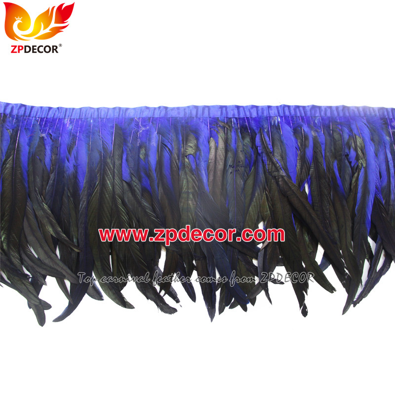 Zpdecor Feathers Factory Wholesale 30-35cm Dyed Royal Blue Rooster Coque Tail Feathers Trim for Bahams Jankanoo Carnival
