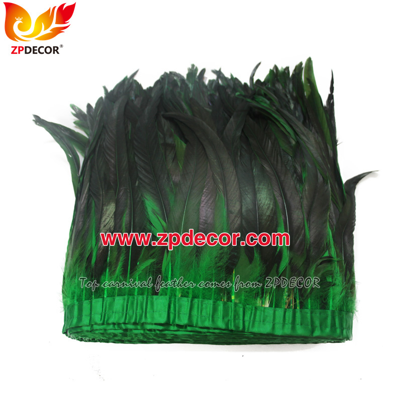 Zpdecor Feathers Factory Wholesale 30-35cm Dyed Green Rooster Coque Tail Feathers Trim for Bahams Jankanoo Carnival