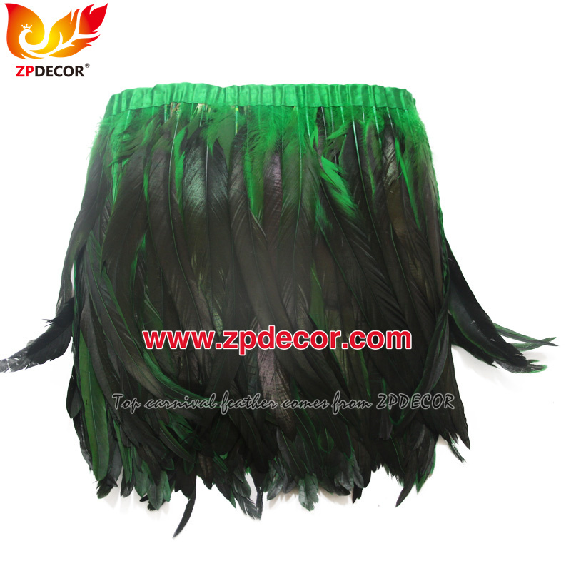 Zpdecor Feathers Factory Wholesale 30-35cm Dyed Green Rooster Coque Tail Feathers Trim for Bahams Jankanoo Carnival
