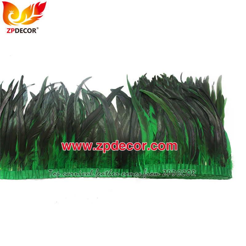 Zpdecor Feathers Factory Wholesale 30-35cm Dyed Green Rooster Coque Tail Feathers Trim for Bahams Jankanoo Carnival