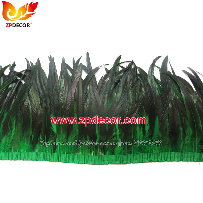 Zpdecor Feathers Factory Wholesale 30-35cm Dyed Green Rooster Coque Tail Feathers Trim for Bahams Jankanoo Carnival