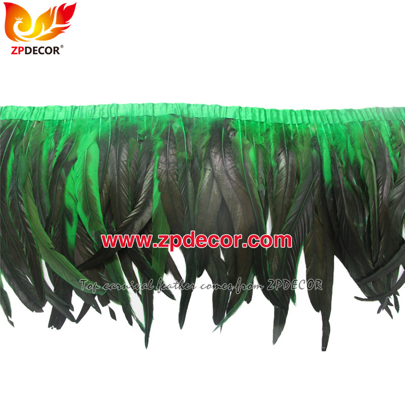 Zpdecor Feathers Factory Wholesale 30-35cm Dyed Green Rooster Coque Tail Feathers Trim for Bahams Jankanoo Carnival