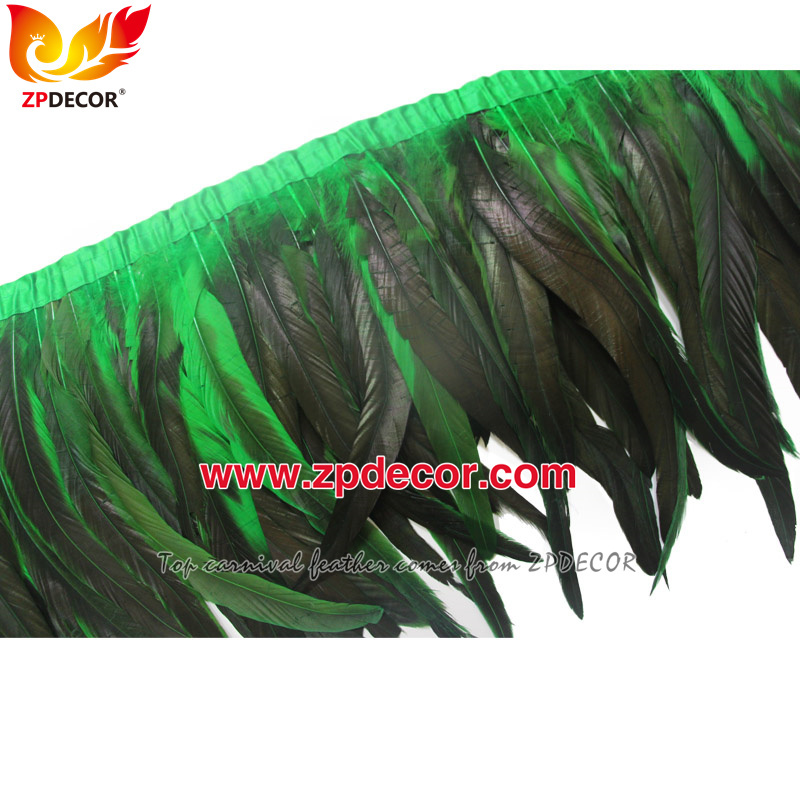 Zpdecor Feathers Factory Wholesale 30-35cm Dyed Green Rooster Coque Tail Feathers Trim for Bahams Jankanoo Carnival