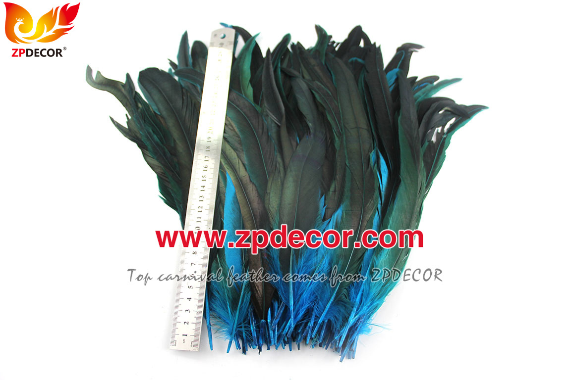 Zpdecor Feathers Factory Wholesale 30-35cm Directly Dyed Turquoise Blue Rooster Coque Tail Feathers for Bahams Jankanoo Carnival