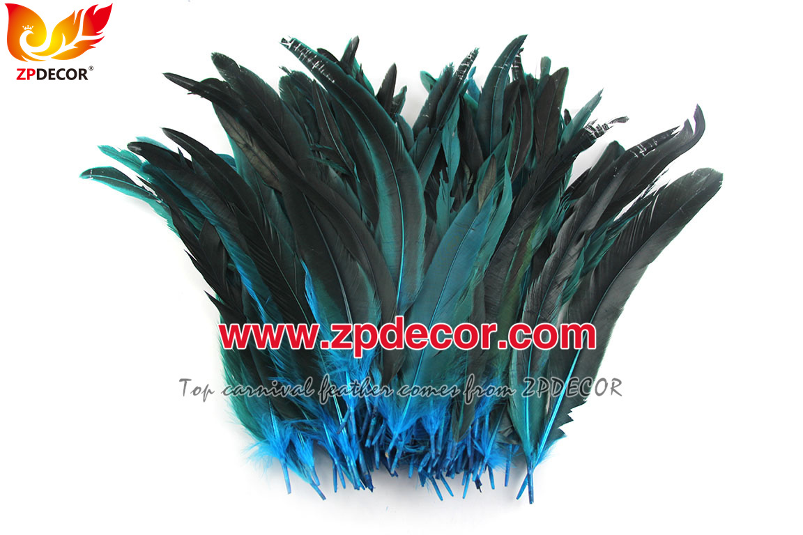Zpdecor Feathers Factory Wholesale 30-35cm Directly Dyed Turquoise Blue Rooster Coque Tail Feathers for Bahams Jankanoo Carnival
