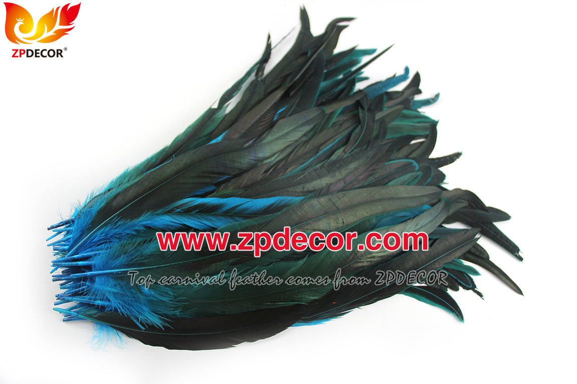 Zpdecor Feathers Factory Wholesale 30-35cm Directly Dyed Turquoise Blue Rooster Coque Tail Feathers for Bahams Jankanoo Carnival