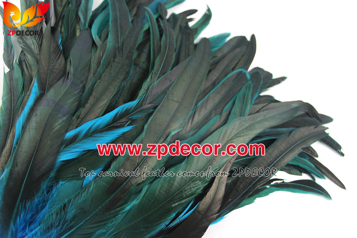 Zpdecor Feathers Factory Wholesale 30-35cm Directly Dyed Turquoise Blue Rooster Coque Tail Feathers for Bahams Jankanoo Carnival