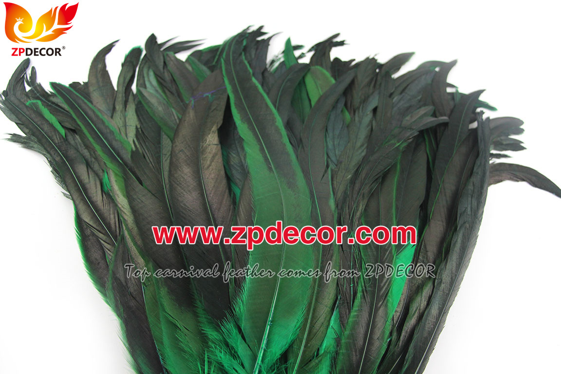 Zpdecor Feathers Factory Wholesale 30-35cm Directly Dyed Green Rooster Coque Tail Feathers for Bahams Jankanoo Carnival