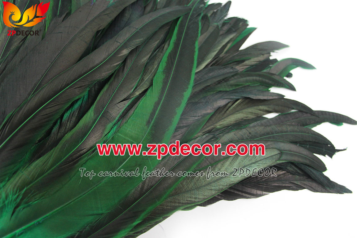 Zpdecor Feathers Factory Wholesale 30-35cm Directly Dyed Green Rooster Coque Tail Feathers for Bahams Jankanoo Carnival