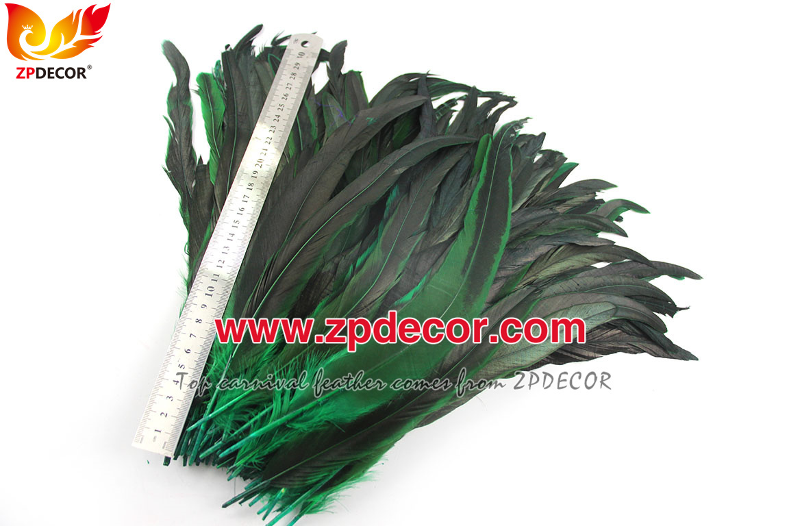 Zpdecor Feathers Factory Wholesale 30-35cm Directly Dyed Green Rooster Coque Tail Feathers for Bahams Jankanoo Carnival