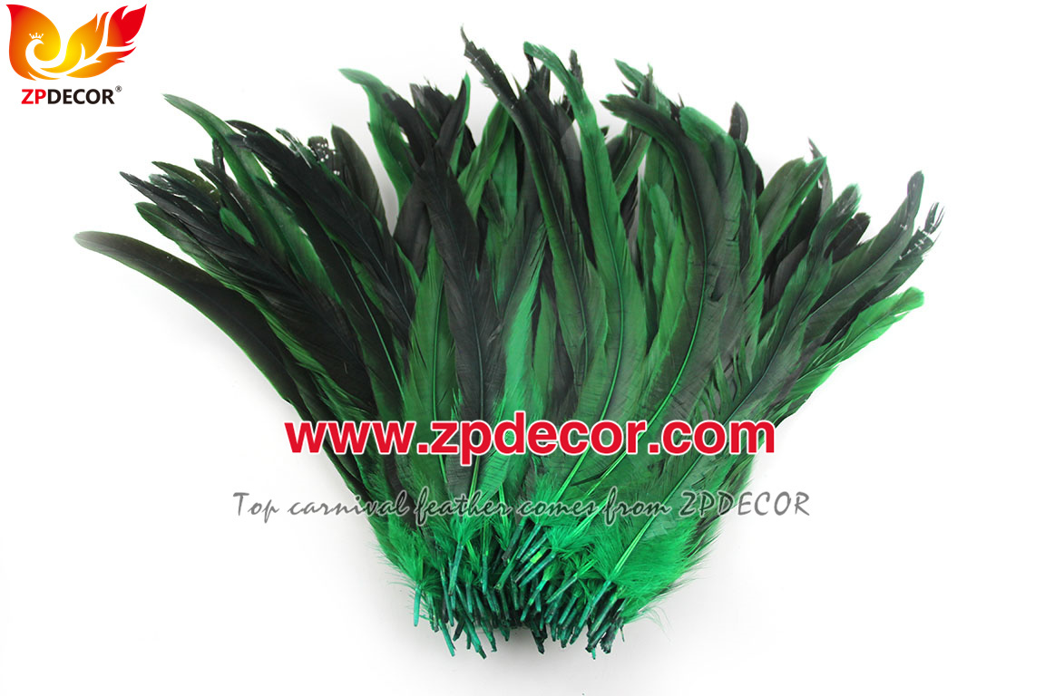 Zpdecor Feathers Factory Wholesale 30-35cm Directly Dyed Green Rooster Coque Tail Feathers for Bahams Jankanoo Carnival