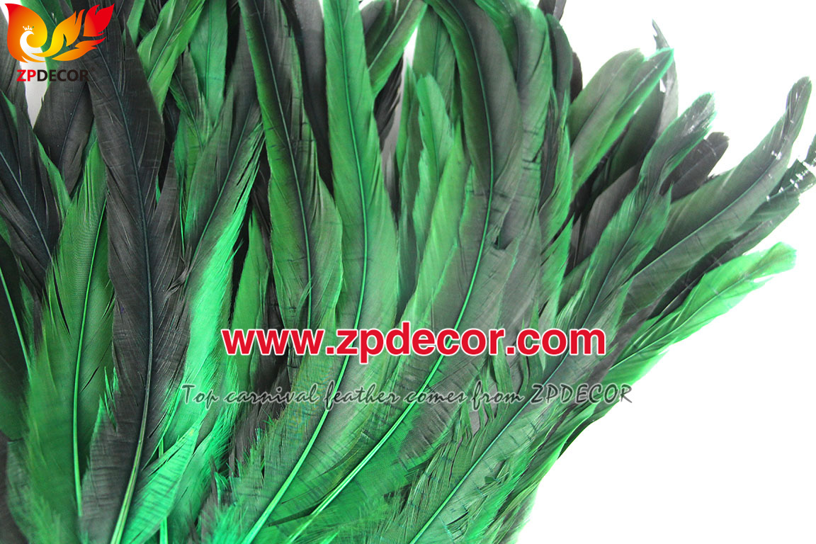 Zpdecor Feathers Factory Wholesale 30-35cm Directly Dyed Green Rooster Coque Tail Feathers for Bahams Jankanoo Carnival