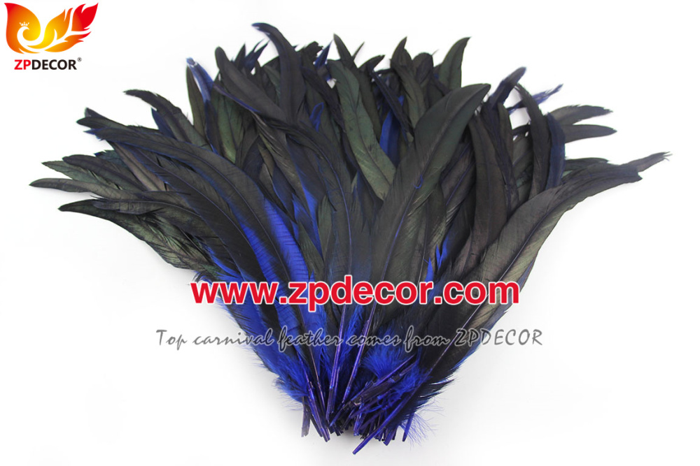 Zpdecor Feathers Factory Wholesale 30-35 cm Directly Dyed Royal Blue Rooster Coque Tail Feathers for Bahams Jankanoo Carnival
