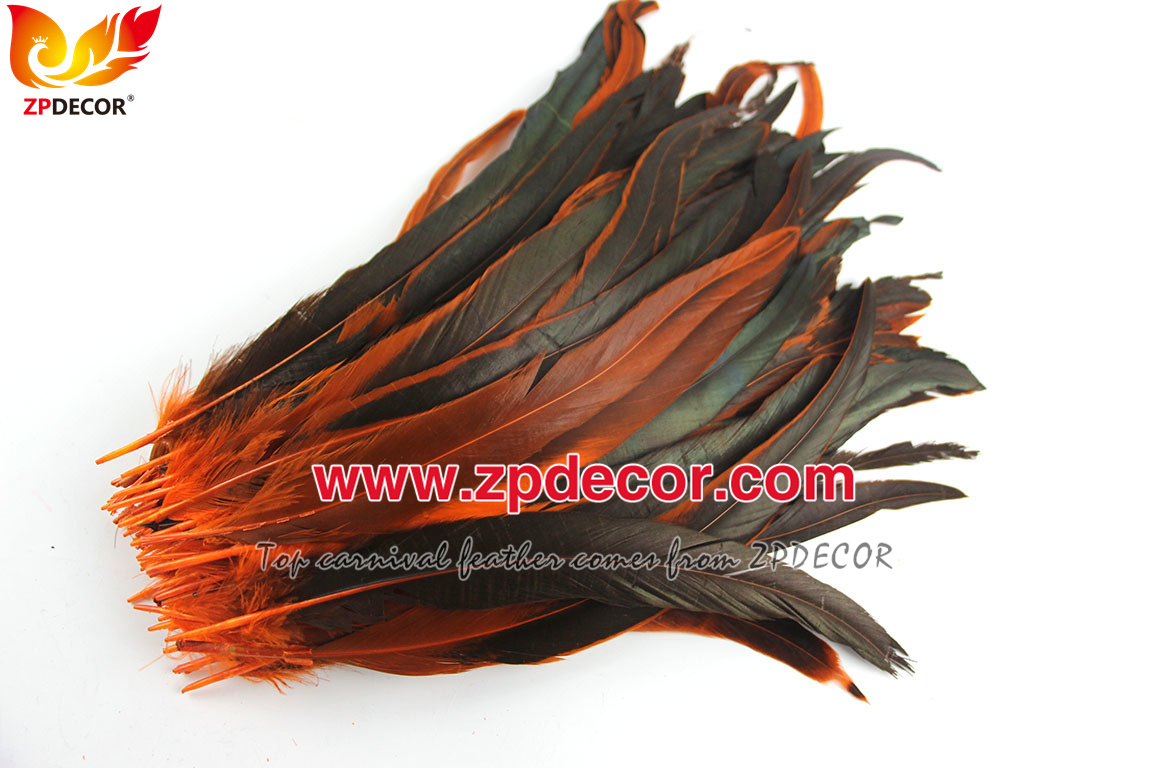 Zpdecor Feathers Factory Wholesale 30-35cm Directly Dyed Orange Rooster Coque Tail Feathers for Bahams Jankanoo Carnival