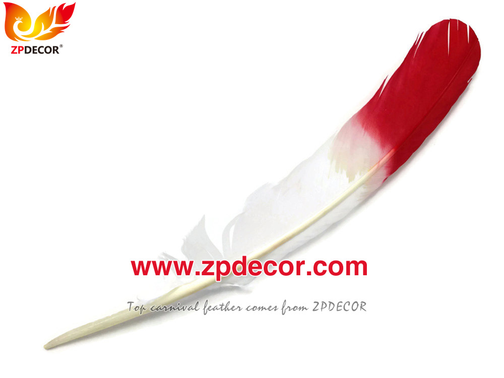 Zpdecor Feathers Factory Wholesale 25-30 cm Bicolors White with Red Tip Turkey Rounds Quill Wing Feathers for Trinidad and Tobago Carnival Costumes