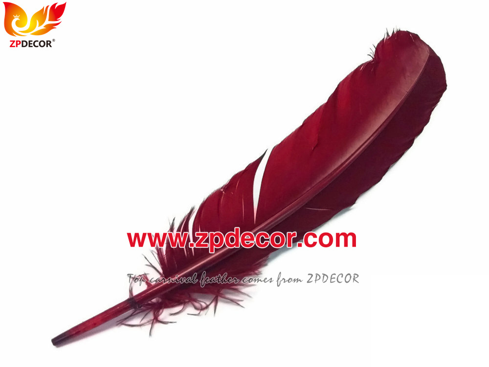 Zpdecor Feathers Factory Wholesale 25-30 cm Stock Wine Red Turkey Rounds Quill Wing Feathers for Trinidad and Tobago Carnival Costumes