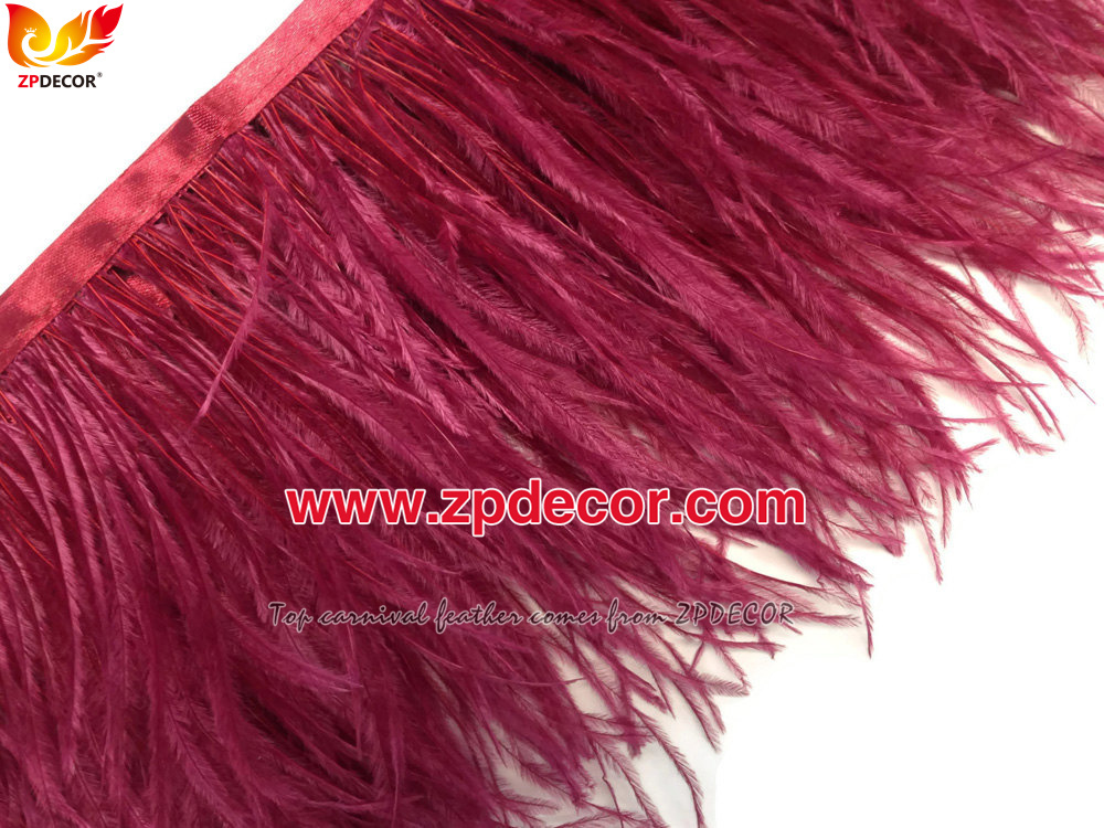 Zpdecor Feathers Factory Wholesale Stock 10-15 cm Burgundy Fluffy Ostrich Feather Fringe Trim for Fashion Costumes  and Jewelry Design