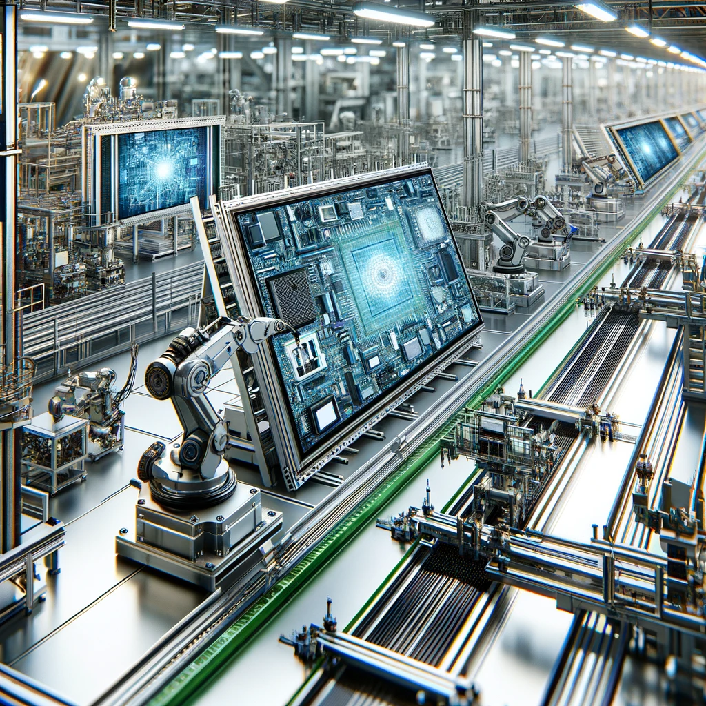 An advanced manufacturing process for custom LCD displays, depicting the assembly line in a high-tech factory. The image shows machinery and robotic a