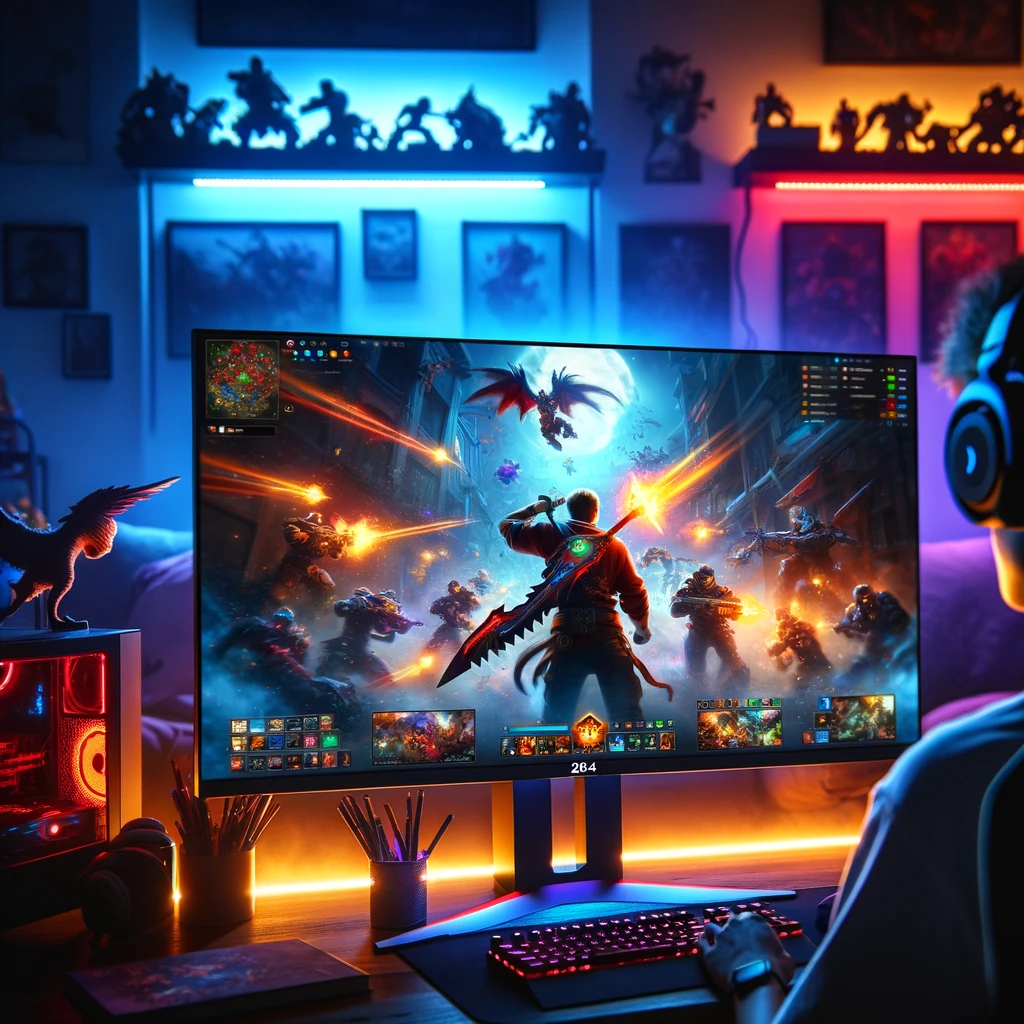 A gamer's room at night, illuminated by the glow of a 2024 LCD gaming monitor. The screen displays a vivid, action-packed multiplayer online battle, h