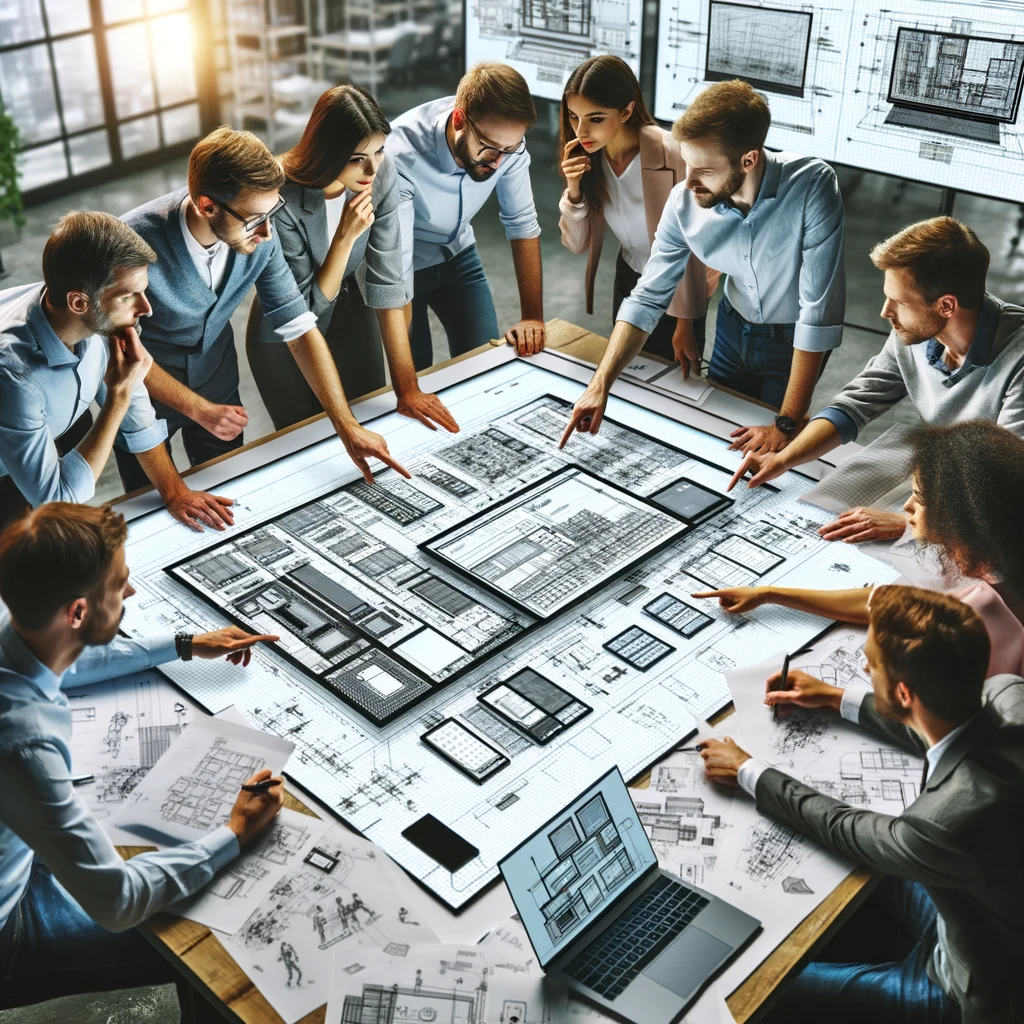 A group of engineers and designers brainstorming around a large table, discussing the customization options for a new LCD display project. The table i