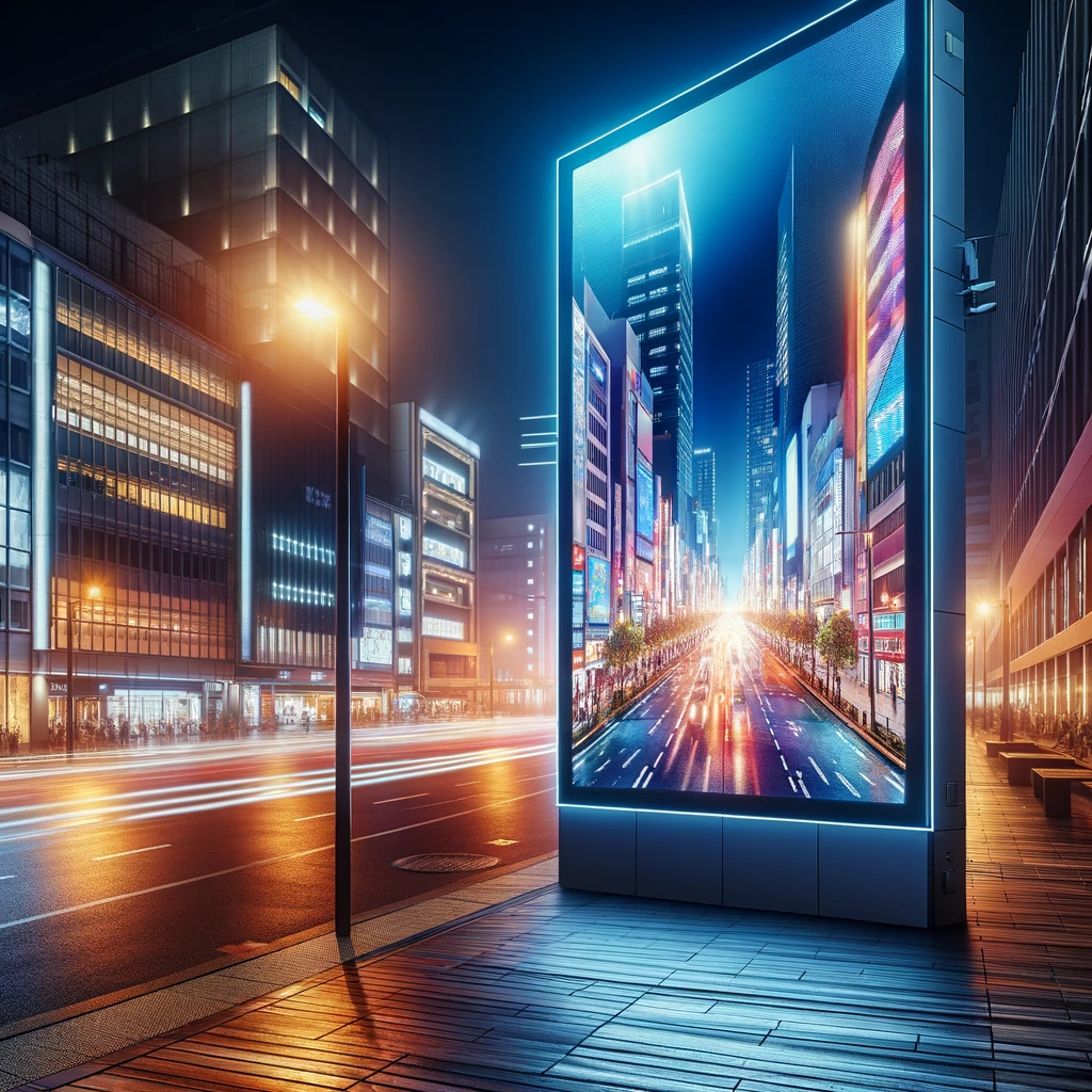 A night view of a city square illuminated by the vibrant display of an outdoor LCD panel showing a high-resolution video advertisement, demonstrating the panel's high brightness and durability in a nighttime environment.