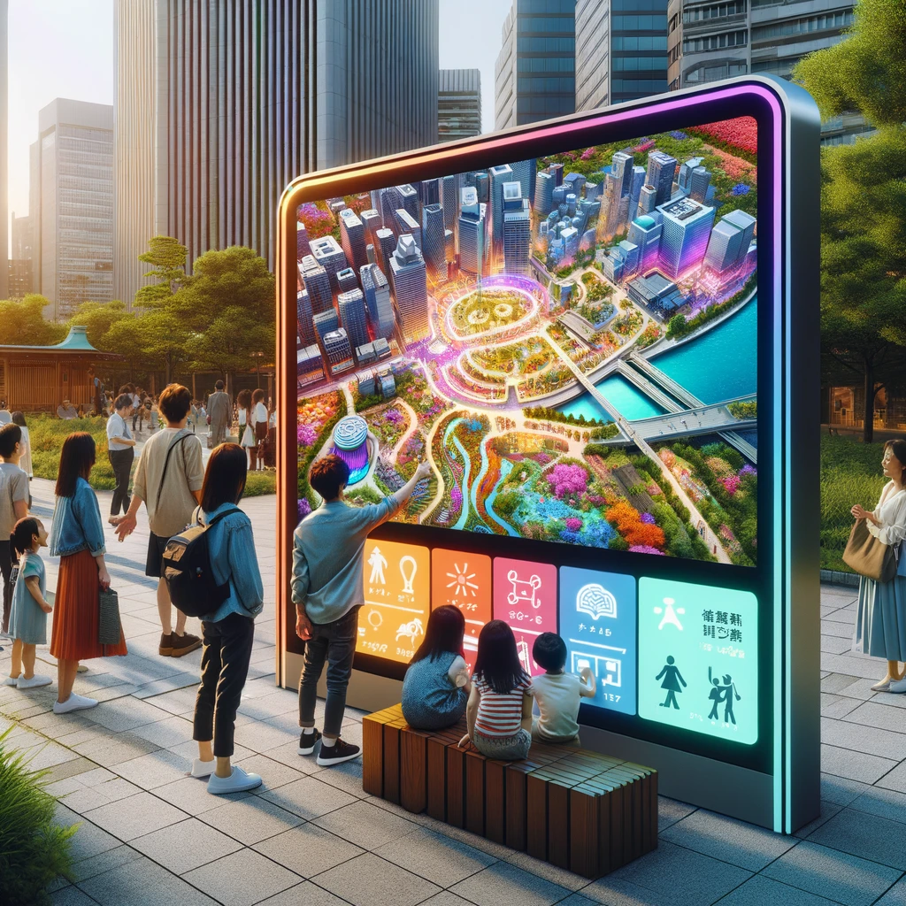 A bustling urban park featuring an interactive outdoor LCD panel displaying a vivid, colorful map and information for visitors, showcasing its clarity even in direct sunlight.