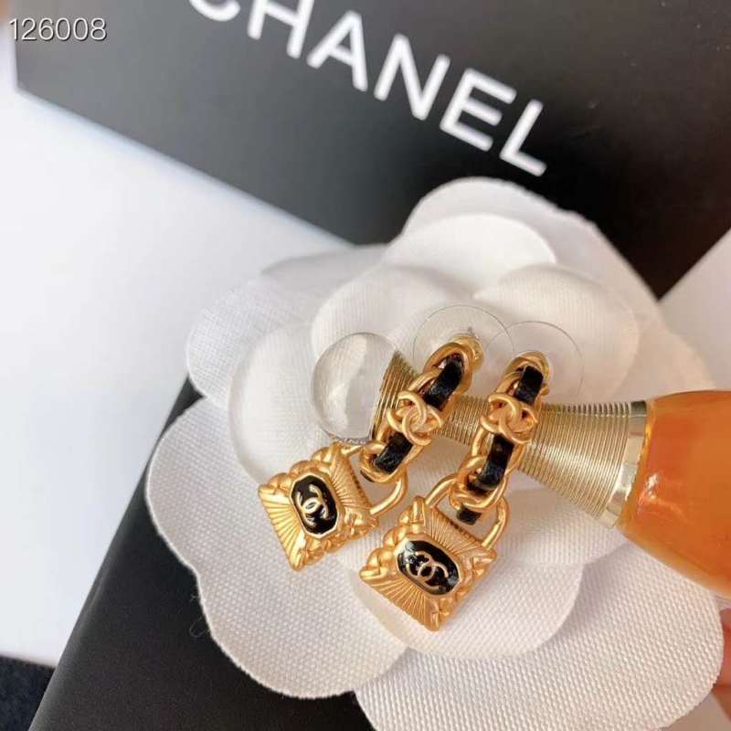 Chanel Fashion Black Leather Small Hoop Lock Earring Costume Jewelery