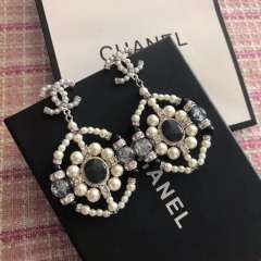 Chanel Fashion Black Crystal White Pearl Stud Earring Costume Jewelery