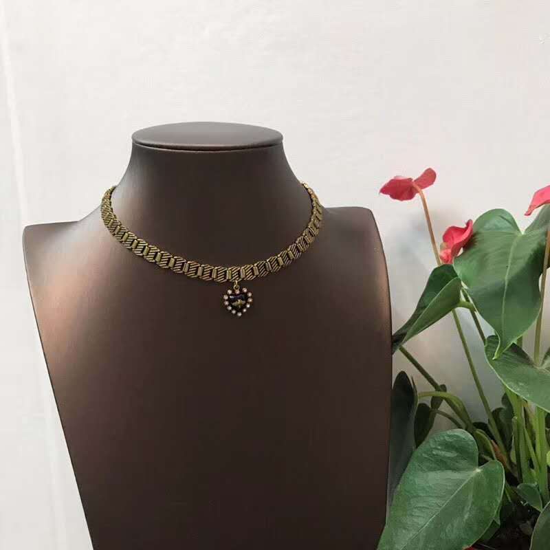 Dior Bee Heart Pendant Wide Chain Chocker Necklace