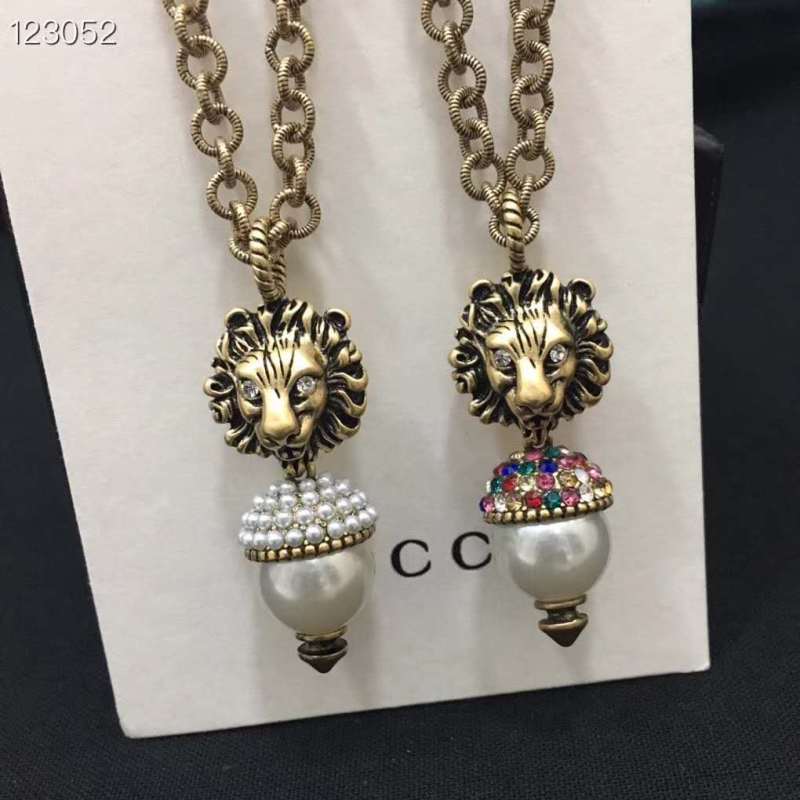 Gucci Brass Lion Pearl Colorful Strass Pendant Short Necklace