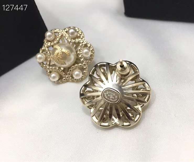 Chanel Flower Shape Strass Pearl Hollow Out Stud Earring