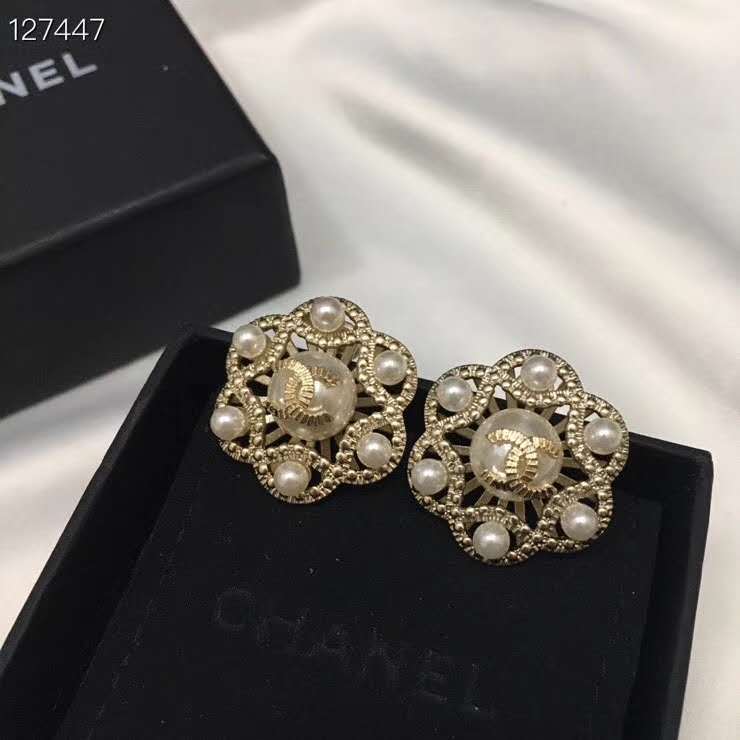 Chanel Flower Shape Strass Pearl Hollow Out Stud Earring