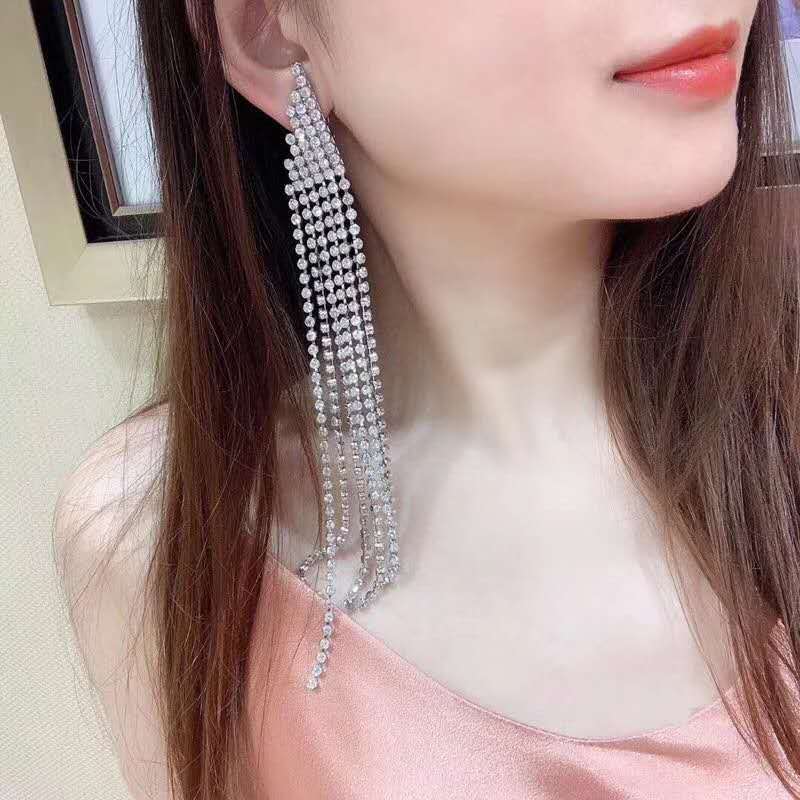 YSL Shiny Crystal Long Tassel Clip Earring