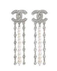 Chanel Double C Earring with long pearl glass tassel