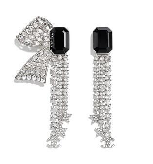 Clip- on Chanel Black White Crystal Bowknot Tassel Clip Earring