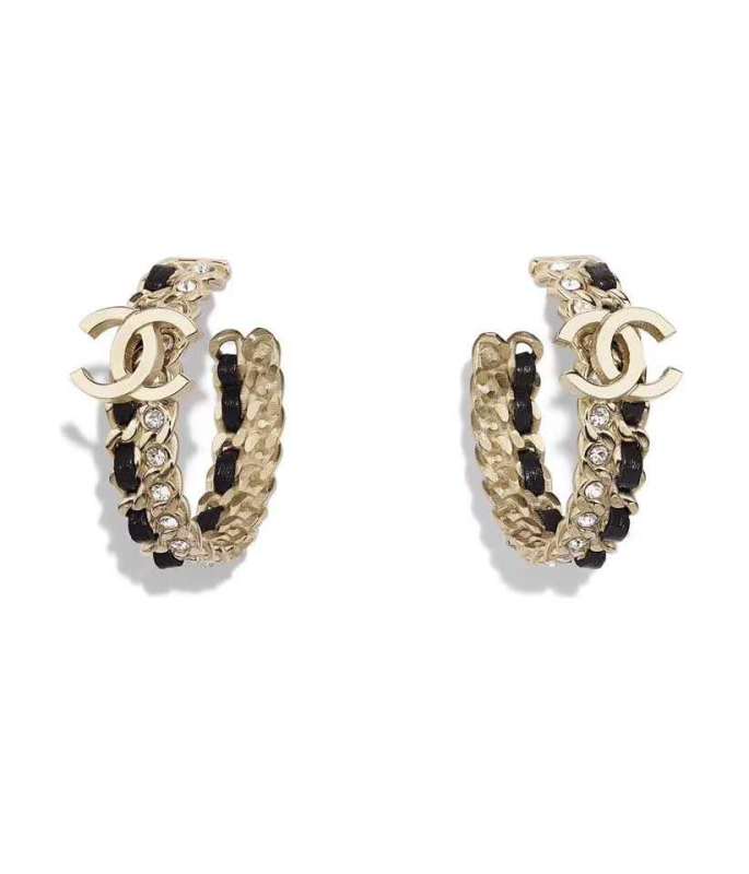 Chanel Loop Earring Metal, Lambskin &amp; Strass Gold, Black &amp; Crystal