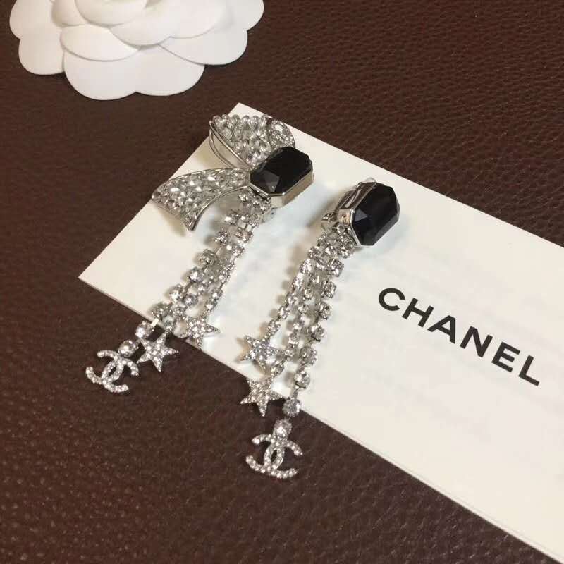 Clip- on Chanel Black White Crystal Bowknot Tassel Clip Earring