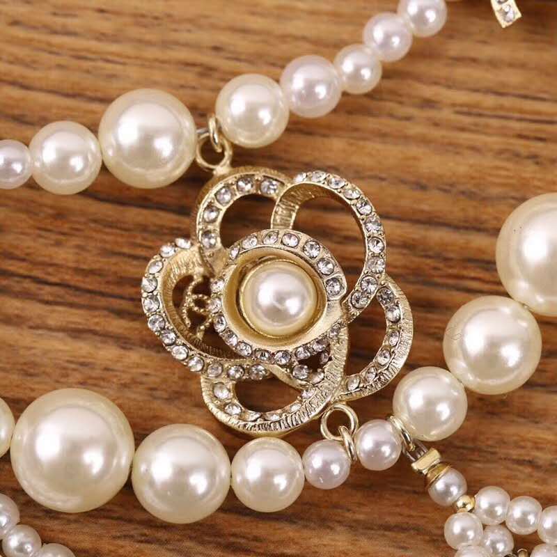 Chanel Double Strands Short Necklace Metal Imitation Pearls Strass Crystal