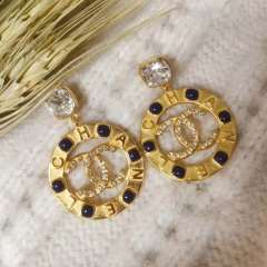 Chanel Double C Hollow Out Earring Brass Stone Crystal