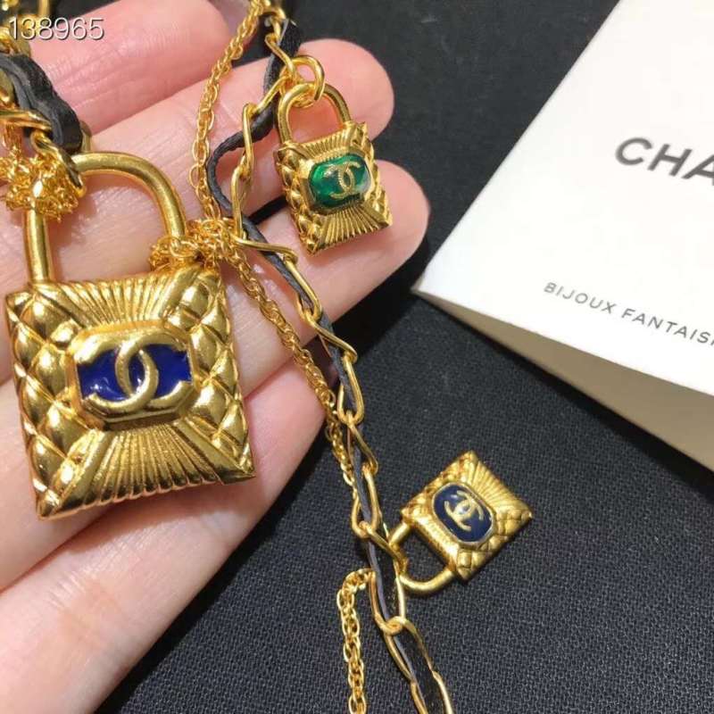 Chanel Lock Pendant Short Necklace Calfskin Strass Resin Gold