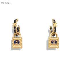 Chanel Lock Pendant Earring Calfskin Strass Resin Gold