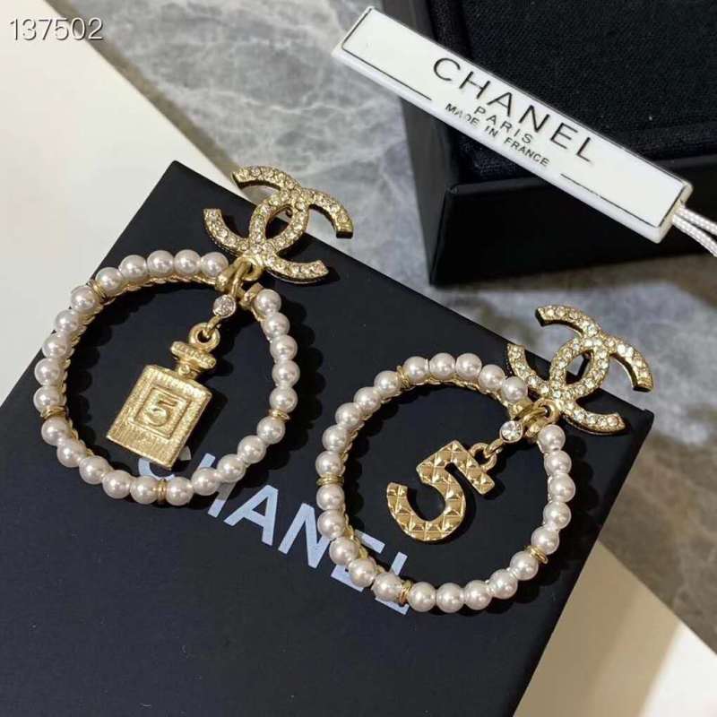 Chanel Strass Pearl Loop Earring With Bottle Number 5 Charm