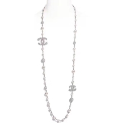 CHANEL Long Necklace Glass Pearls & Strass Silver, Pearly White & Crystal