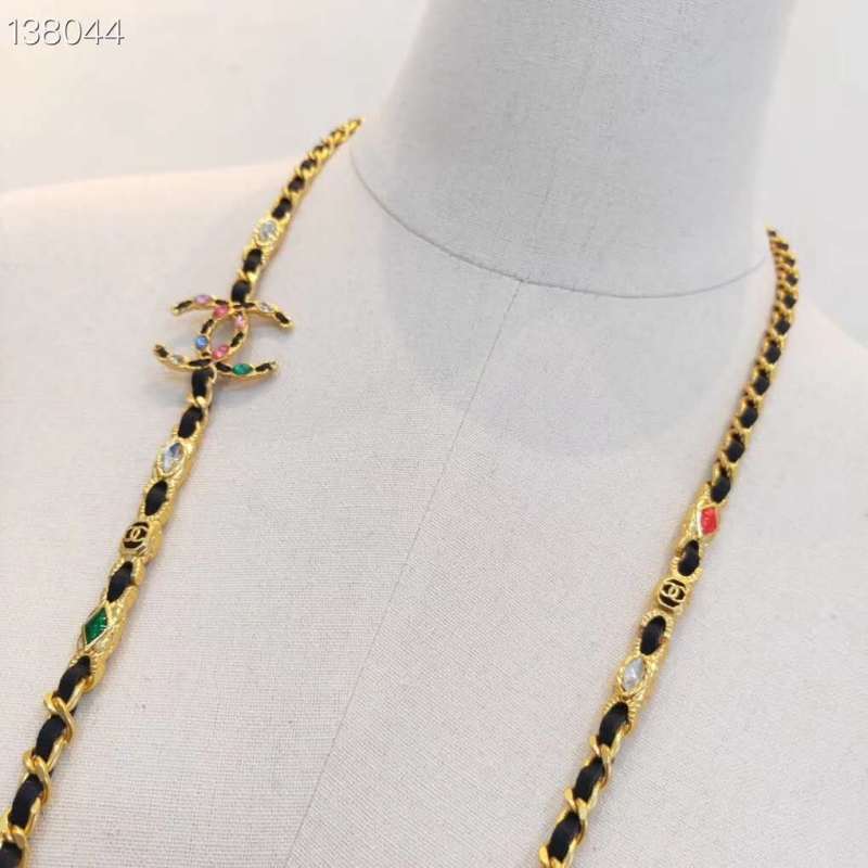 CHANEL Long necklace Lambskin, Calfskin, Strass &amp; Resin Gold, Black, Crystal &amp; Multicolor