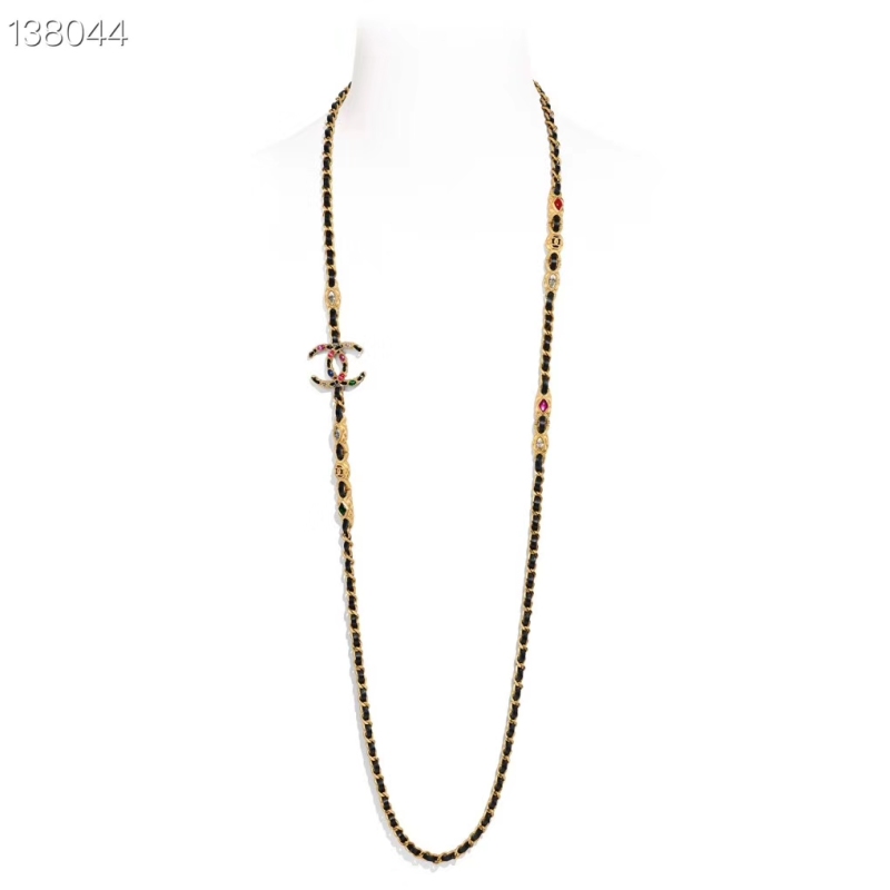 CHANEL Long necklace Lambskin, Calfskin, Strass &amp; Resin Gold, Black, Crystal &amp; Multicolor