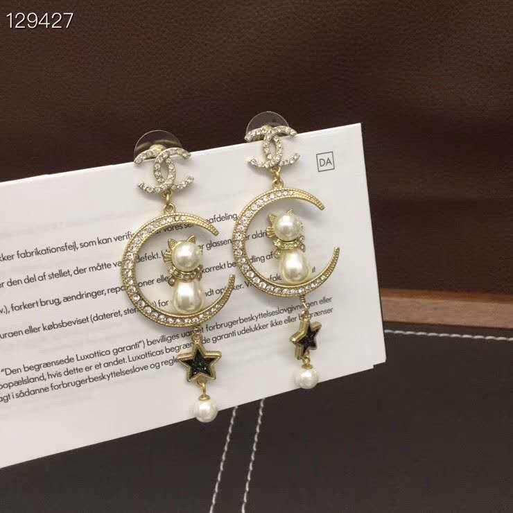 CHANEL Long Earring Glass Pearls Imitation Pearls Strass &amp; Resin Gold Pearly White Crystal &amp; Blue