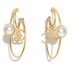Chanel Hoop Earring Metal & Glass Pearls Gold & Pearly White