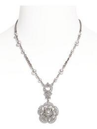 Chanel Necklace Hollow Out Camellia Pendant Metal, Glass Pearls &amp; Strass Silver, Pearly White &amp; Crystal