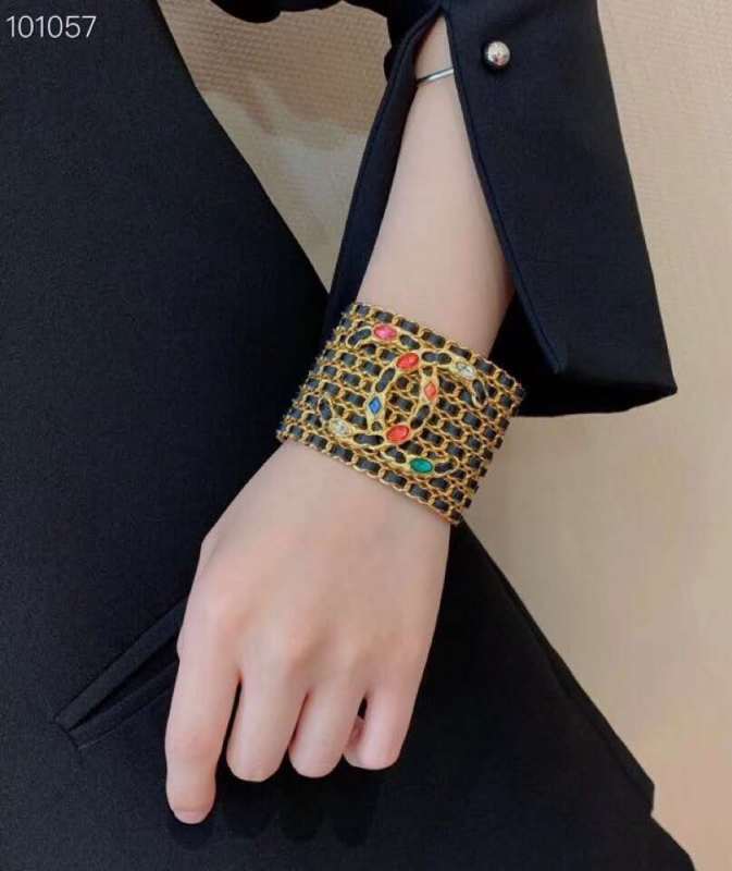 Chanel Open Black Lambskine Leather Cuff Colorful Strass